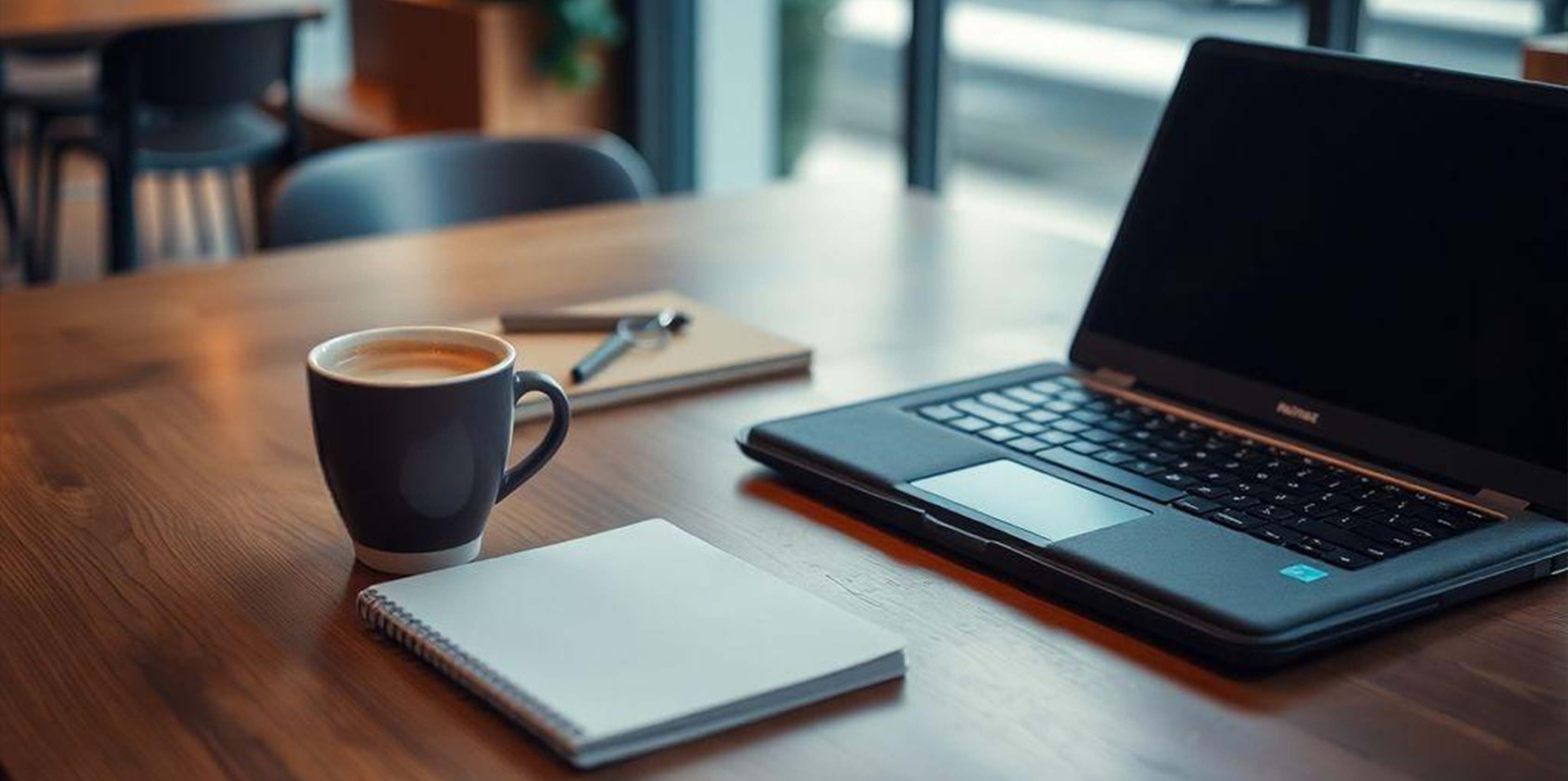 Comfortable coffee shop workspace with keyboard case and laptop.