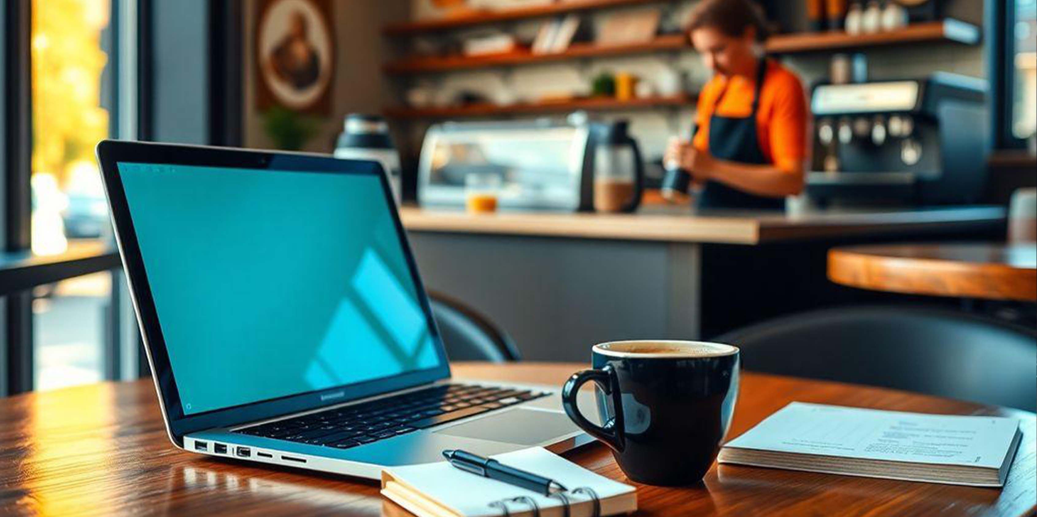 Comfortable coffee shop workspace with keyboard case and laptop.